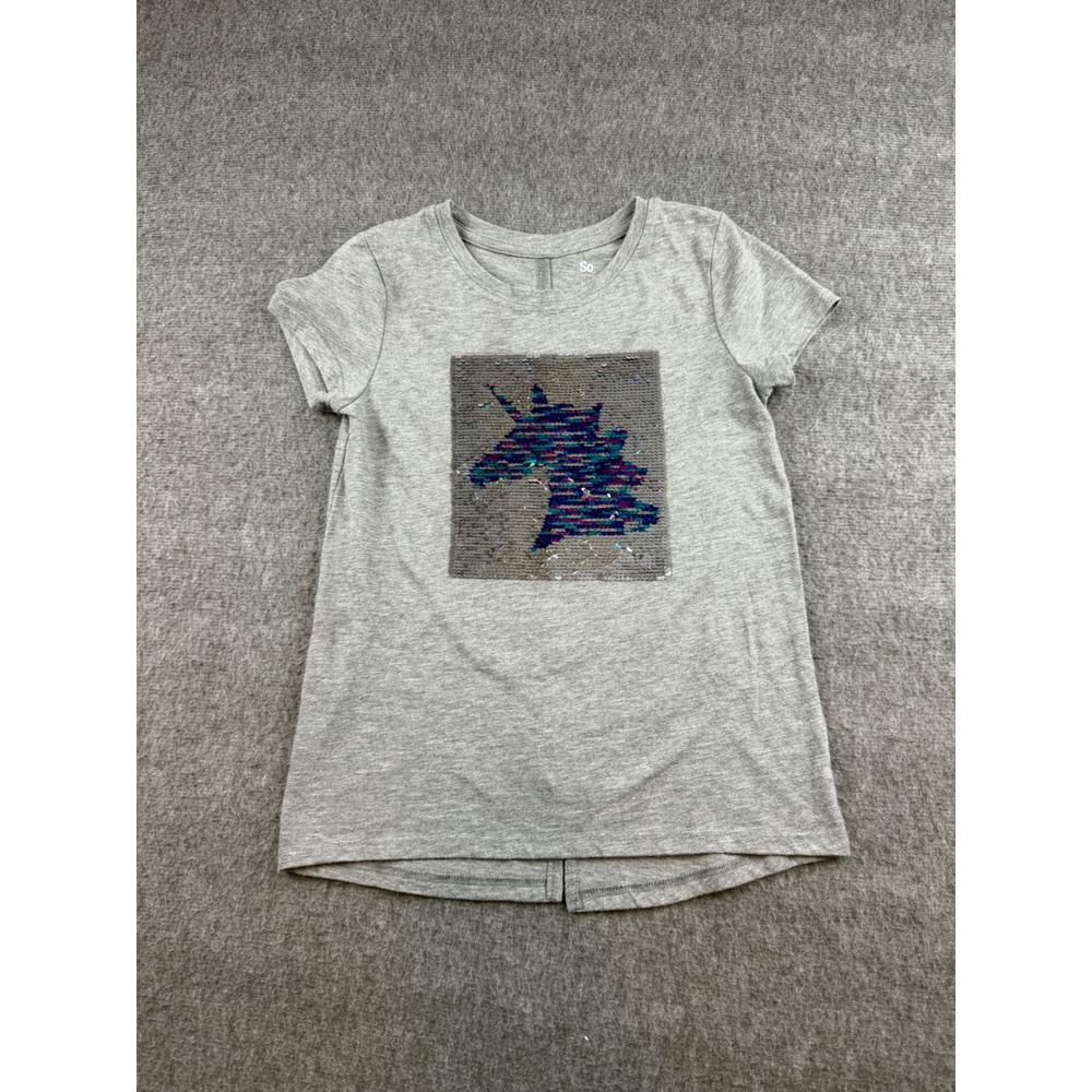 So Unicorn Graphic Tee Kids Size M (8) Gray Reversible Sequin Split Back‎ Hem